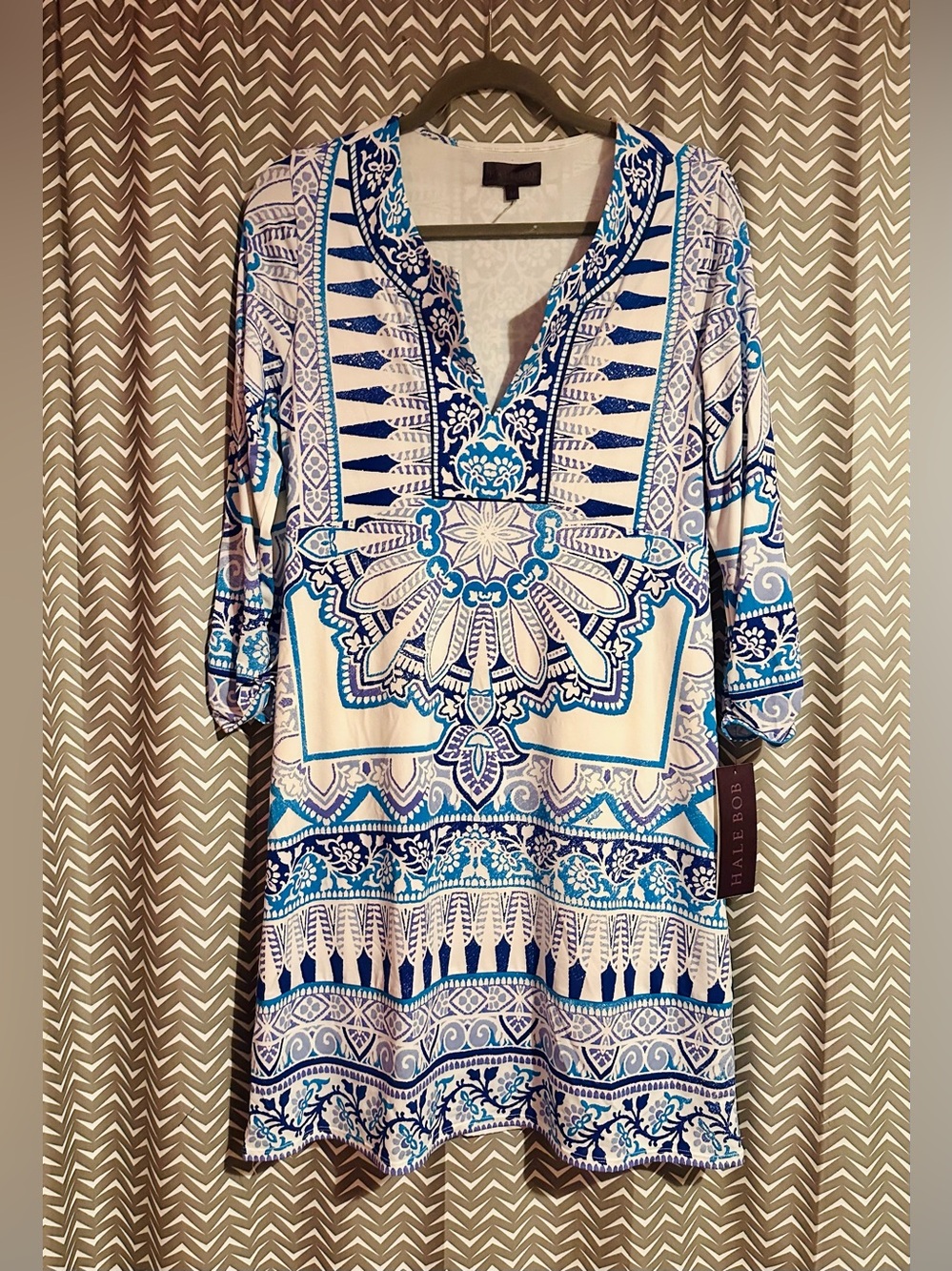 NWT Hale Bob | Blue White Paisley Print Shift Dress, Size M - Picture 2 of 8
